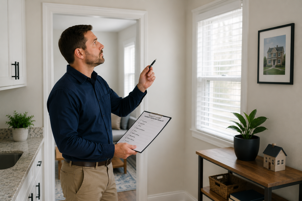 An inspector working through a compliance checklist inside a rental home